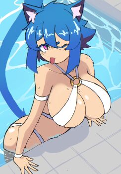 1girl :p absurdres animal_ear_fluff animal_ears bikini blue_hair breasts cat_ears cat_girl cat_tail cleavage collarbone doce female_focus freckles freckles_on_breasts hair_between_eyes highres large_breasts looking_at_viewer o-ring o-ring_bikini one_eye_closed original pink_eyes pool short_hair solo swimsuit tail tongue tongue_out wet white_bikini xiao_(docecaedrus)