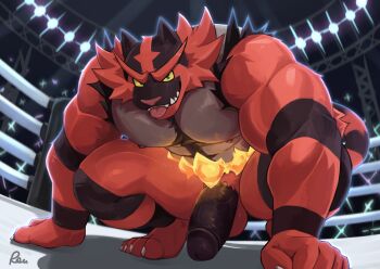 1boy bara colored_sclera commentary english_commentary furry furry_male gen_7_pokemon girthy_penis green_eyes highres incineroar large_pectorals male_focus muscular muscular_male nintendo nipples pectorals penis pokemon pokemon_(creature) radcanine solo tongue tongue_out wrestling_ring yellow_sclera