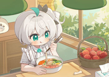 Rule 34 | 1girl, :q, ahoge, apron, basket, bowl, chair, chopsticks, closed mouth, commentary request, curtains, egg (food), food, frills, fruit, green eyes, green hair, hair between eyes, highres, holding, indoors, leaf, lychee, noodles, plant, quanmian shidai, shirt, short sleeves, side ponytail, sitting, smile, solo, table, toilet paper, tongue, tongue out, wen xiaomian, wenxiaomian family, white hair, white shirt, window
