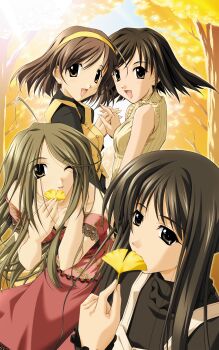 absurdres brown_hair dress futami_shion hairband highres holding holding_leaf imasaka_yue leaf long_hair looking_at_viewer memories_off memories_off_1 memories_off_2nd minami_tsubame non-web_source official_art pink_dress smile sunlight tobise_tomoe tree turtleneck yellow_dress yellow_hairband