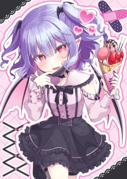 1girl :d absurdres alternate_costume alternate_hairstyle bat_hair_ornament bat_wings beni_kurage black_bow black_choker black_mask black_nails black_shoes black_skirt bow choker clothing_cutout commentary_request crepe crossed_bandaids fang food fruit hair_ornament heart heart-shaped_pupils highres holding holding_crepe holding_food ice_cream_crepe jirai_kei long_sleeves mask_pull medium_hair o-ring o-ring_choker open_mouth pink_background pink_shirt pocky purple_hair red_eyes remilia_scarlet shirt shoes shoulder_cutout skirt smile solo strawberry symbol-shaped_pupils thigh_strap touhou two_side_up wings
