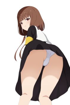 1girl ass black_dress blunt_bangs blush breasts brown_eyes brown_hair closed_mouth coro_fae dress feet_out_of_frame highres iino_miko kaguya-sama_wa_kokurasetai_~tensai-tachi_no_renai_zunousen~ legs long_hair looking_at_viewer low_twintails panties school_uniform shuuchiin_academy_school_uniform simple_background skirt solo twintails underwear white_background wind wind_lift
