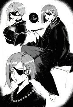 1girl absurdres commentary english_commentary eyepatch highres holding holding_smoking_pipe japanese_clothes jewelry jujutsu_kaisen jujutsu_kaisen_modulo kimono kugisaki_nobara masoq monochrome necklace short_hair smoking_pipe upper_body