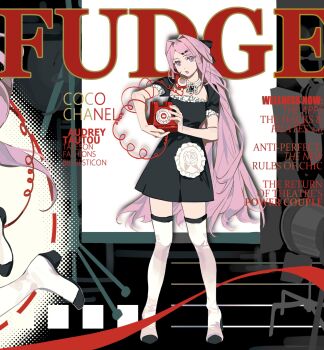 1girl antique_phone black_dress black_shoes bow cropped dress duo_lai_xi_mie earrings english_text flower hair_bow hair_intakes hair_ornament hairpin head_tilt highres holding holding_phone jewelry long_hair looking_at_viewer necklace original over-kneehighs phone pink_hair puffy_short_sleeves puffy_sleeves purple_eyes rotary_phone shoes short_sleeves shrug_(clothing) sitting solo strapless strapless_dress talking_on_phone thighhighs