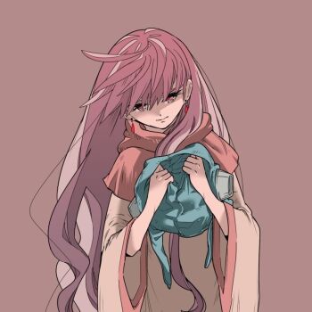 Rule 34 | 1girl, aviator cap, blue hat, capelet, closed mouth, commentary request, d d work, dragon quest, dragon quest ii, earrings, hair between eyes, hat, holding, holding unworn clothes, holding unworn hat, hood, hood down, hooded capelet, jewelry, pink background, pink capelet, pink hair, pink trim, princess of moonbrook, robe, solo, unworn hat, unworn headwear, upper body, white robe, wide sleeves