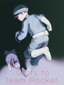Rule 34 | 1boy, belt, black hat, black pants, black shirt, boots, commentary request, english text, gen 1 pokemon, gloves, grey eyes, grey hair, hat, highres, male focus, nintendo, pants, pokemon, pokemon (creature), pokemon rgby, rattata, running, sakuraiisui, shirt, short sideburns, sideburns, team rocket, team rocket grunt, white belt, white boots, white gloves