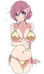 Rule 34 | 1girl, aqua eyes, bikini, bocchi the rock!, breasts, collarbone, commentary, gold bikini, gotoh michiyo, hair between eyes, hair bun, highres, large breasts, looking at viewer, mel (melty pot), navel, open mouth, pink hair, short hair, side-tie bikini bottom, simple background, solo, sweat, swimsuit, thighs, white background
