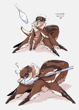 animal_focus brown_sclera bug colored_sclera commentary cotton_swab dated drinking extra_eyes from_side full_body hands_up highres holding jumping_spider multiple_views no_humans notice_lines original sannota272 sequential simple_background spider white_background white_eyes