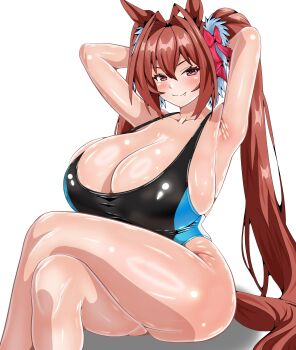 1girl a-sui absurdres alternate_breast_size_(larger) animal_ears armpits arms_behind_head black_one-piece_swimsuit blush bow breasts brown_hair choppy_bangs closed_mouth collarbone commentary_request cowboy_shot crossed_legs daiwa_scarlet_(umamusume) fang fang_out hair_between_eyes hair_bow hair_intakes highres horse_ears horse_girl huge_breasts long_hair looking_at_viewer one-piece_swimsuit red_bow red_eyes shiny_skin simple_background sitting smile solo swimsuit twintails umamusume white_background