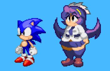 Rule 34 | 1boy, 1girl, animal ears, black eyes, black hair, blue background, blue fur, breasts, brown shoes, female focus, filia (skullgirls), gloves, hedgehog, long hair, macholor, necktie, red shoes, samson (skullgirls), school uniform, sharp teeth, shirt, shoes, simple background, skirt, skullgirls, smile, snout, sonic (series), sonic the hedgehog, sonic the hedgehog (classic), spiked hair, sprite, sprite art, teeth, thick thighs, thighhighs, thighs, unusual pupils, white gloves, white shirt, yellow eyes