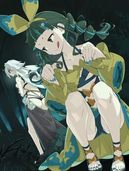 Rule 34 | 2girls, :q, ass, bikini, black bikini, black eyes, black hair, blue nails, blunt bangs, bow, braid, collarbone, commentary request, engi threepiece, hair bow, hands up, kirara fantasia, kounagi yui, long hair, low twin braids, medium hair, multiple girls, official art, shaded face, squatting, swimsuit, third-party source, tongue, tongue out, twin braids, white hair, yellow bow, yumekui merry