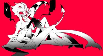 2boys absurdres black_feathers blitzo_(helluva_boss) blush boy_on_top demon_boy demon_horns demon_tail extra_eyes face-to-face feathers formal_clothes heart hellaverse helluva_boss highres horns lying multiple_boys pink_background red_eyes stolas_(helluva_boss) suit tail zhu_xing_pupupu