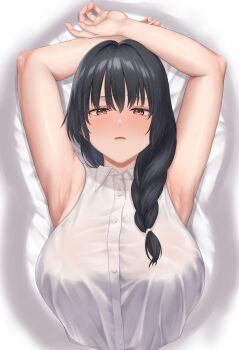 1girl a_mezashi armpits arms_up black_hair braid breasts brown_eyes collared_shirt commentary_request hair_between_eyes highres large_breasts looking_at_viewer lying on_back original shirt side_braid single_braid sleeveless sleeveless_shirt solo variant_set white_shirt