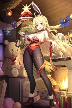1girl absurdres animal_ears armpits black_pantyhose blonde_hair blush box breasts christmas christmas_tree cleavage commentary_request fake_animal_ears fire fireplace from_side full_body gift gift_box hair_between_eyes high_heels highres kyuuhyaku large_breasts leotard long_hair looking_at_viewer open_mouth original pantyhose playboy_bunny rabbit_ears red_leotard red_shoes shoes smile solo stiletto_heels stuffed_animal stuffed_toy teddy_bear very_long_hair yellow_eyes