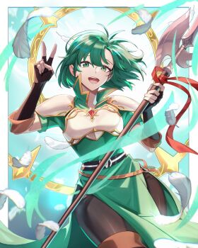 1girl :d arm_up armor belt bikini_boody black_gloves black_pantyhose boots breastplate commentary commission dress elbow_gloves english_commentary feathers fingerless_gloves fire_emblem fire_emblem:_thracia_776 gloves green_dress green_eyes green_hair halberd hand_up highres holding holding_weapon karin_(fire_emblem) looking_at_viewer nintendo open_mouth pantyhose polearm short_hair short_sleeves shoulder_armor smile solo thick_thighs thigh_boots thighs v weapon white_armor wide_hips