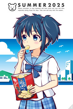 1girl 2025 alternate_costume animal_print artist_logo bag_of_chips bear_print bird blue_eyes blue_hair blue_ribbon blue_sky blush building child chips_(food) collarbone double_bun eating english_text female_focus food hair_bun happy_sugar_life harbor highres japanese_text johnny_ln koube_shio logo looking_to_the_side messy_hair mountain neck_ribbon plaid_clothes plaid_skirt ribbon sailor_collar seagull ship short_hair simple_background skirt sky solo summer tree watercraft white_background
