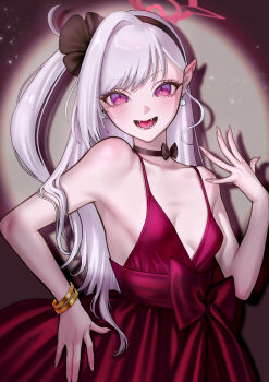 1girl absurdres black_choker black_hairband blue_archive bow bracelet breasts choker cocktail_dress collarbone commentary_request dress gold_bracelet hair_ornament hairband halo highres jewelry long_hair looking_at_viewer mutsuki_(blue_archive) mutsuki_(dress)_(blue_archive) omochi0142 open_mouth pointy_ears red_bow red_dress red_eyes red_halo sharp_teeth side_ponytail single_sidelock small_breasts smile solo spotlight teeth white_hair