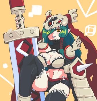 1girl absurdres armor black_nails black_thighhighs braid breasts cleavage digimon digimon_(creature) doce feet_out_of_frame female_focus fingernails green_hair hair_over_one_eye hair_ribbon helmet highres holding holding_sword holding_weapon lipstick long_hair looking_at_viewer makeup midriff minervamon nail_polish navel parted_lips pointy_ears ribbon sharp_fingernails shoulder_pads solo sword thighhighs weapon winged_helmet yellow_background yellow_eyes