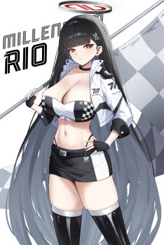 1girl absurdres alternate_costume black_choker black_gloves black_hair black_shorts black_thighhighs blue_archive bra breasts bright_pupils character_name checkered_flag choker cleavage closed_mouth collarbone commentary_request cowboy_shot cropped_jacket fingerless_gloves fingernails flag gloves halo hand_on_own_hip highres holding holding_flag jacket large_breasts long_hair looking_at_viewer millennium_science_school_logo navel naze236 open_clothes open_jacket race_flag race_queen red_eyes rio_(blue_archive) short_shorts shorts solo stomach strapless strapless_bra thighhighs thighs underwear very_long_hair white_background white_jacket white_pupils