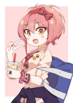 Rule 34 | 1girl, bag, blush, bow, bowtie, breasts, clothes around waist, collared shirt, commentary request, cup, disposable cup, gyaru, hair bow, heart ring, holding, holding cup, idolmaster, idolmaster cinderella girls, jewelry, jougasaki mika, looking at viewer, medium breasts, nail polish, open mouth, pink hair, red bow, red bowtie, red nails, ring, school bag, shirt, short sleeves, simple background, solo, taru haru, v