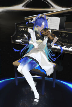 1girl absurdres apron beamed_eighth_notes beamed_sixteenth_notes black_dress black_hairband black_hole black_shoes blonde_hair blue_hair blue_pantyhose bow_(music) character_name closed_eyes closed_mouth colored_inner_hair da_(datako) dress full_body gradient_pantyhose grand_piano hair_intakes hair_ornament hairband half_note highres holding holding_bow_(music) holding_instrument holding_violin instrument juliet_sleeves long_hair long_sleeves mary_janes multicolored_hair music musical_note musical_staff on_stool pantyhose piano planet playing_instrument puffy_sleeves reverse:1999 school_uniform sheet_music shoes short_dress sitting smile solo soviet_school_uniform space star_(symbol) star_hair_ornament star_symbol_background very_long_hair violin voyager_(reverse:1999) white_apron white_pantyhose