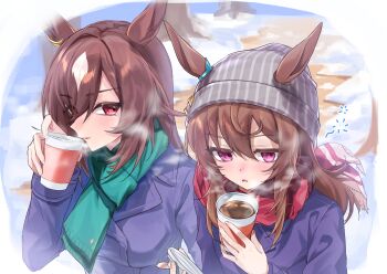 Rule 34 | 2girls, absurdres, animal ears, beanie, blue coat, blush, breasts, breath, brown hair, buttons, coat, coffee, cup, disposable coffee cup, disposable cup, double-breasted, ear ornament, ears through headwear, green scarf, grey hat, gul (parfaitgul), hair between eyes, hat, highres, holding, holding cup, horse ears, horse girl, long hair, long sleeves, multicolored hair, multiple girls, nakayama festa (umamusume), outdoors, parted lips, purple eyes, red eyes, red scarf, scarf, sirius symboli (umamusume), snow, steaming cup, streaked hair, tracen winter coat, umamusume, upper body, white hair, winter clothes, winter coat, winter uniform