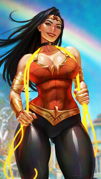 1girl azuma_yasuo black_hair bracer breasts dc_comics gold_bracer highres holding_lasso large_breasts lasso lasso_of_truth long_hair muscular muscular_female solo superhero_costume thick_thighs thighs tiara toned toned_female wonder_woman wonder_woman_(series)