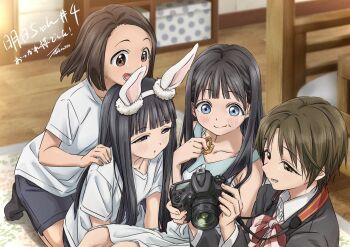 4girls akebi-chan_no_serafuku akebi_komichi animal_ears bed black_hair black_jacket black_socks blue_dress blue_eyes blue_shorts brown_eyes brown_hair camera camera_around_neck closed_mouth collarbone cookie dress eating fake_animal_ears food food_on_face green_eyes grey_hair hands_on_another&#039;s_shoulders highres holding holding_camera indoors jacket kamimoku_neko katorifuta kneeling long_hair multiple_girls neckerchief on_bed open_mouth rabbit_ears red_neckerchief shirt short_hair shorts sitting socks t-shirt tanigawa_kei usagihara_touko white_shirt wooden_floor