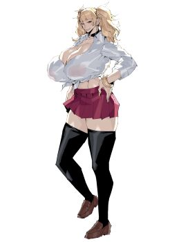 1girl areolae_visible_through_clothing black_choker black_thighhighs blonde_hair bracelet breasts brown_eyes brown_shoes choker cleavage crop_top earrings from_side front-tie_top gyaru hands_on_own_hips heart heart_o-ring hoop_earrings huge_breasts jewelry lips loafers long_hair miniskirt o-ring o-ring_choker original pobotto red_skirt shirt shoes skirt smile solo standing thighhighs twintails white_background white_shirt zettai_ryouiki