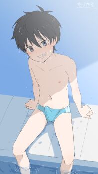 1boy black_hair bulge dondoko_mozutaro erection erection_under_clothes feet_in_water looking_at_viewer male_focus male_swimwear nipples original pool poolside shota sitting smile solo swim_briefs wet