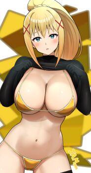 1girl bikini bikini_under_clothes black_bodysuit blonde_hair blue_eyes blush bodysuit bodysuit_lift braid breasts cleavage clothes_lift darkness_(konosuba) hair_ornament hairclip high_ponytail highres jampen kono_subarashii_sekai_ni_shukufuku_wo! large_breasts lifting_own_clothes long_hair long_sleeves looking_at_viewer navel ponytail ponytail_with_braided_base sidelocks solo swimsuit x_hair_ornament yellow_bikini
