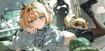 Rule 34 | 1girl, absurdres, black shoes, black skirt, blonde hair, can, chair, chinese commentary, closed mouth, commentary request, crop top, cropped hoodie, drink can, gaming chair, green eyes, hair ribbon, hairband, highres, hololive, hood, hoodie, kazama iroha, kazama iroha (pop dance), long sleeves, looking at viewer, lying, microphone, miniskirt, monitor, oeuia, official alternate costume, on stomach, pantyhose, pillow, pokobee, puffy long sleeves, puffy sleeves, ribbon, shirt, shoe soles, shoes, skirt, smile, socks, solo, sprite (drink), swivel chair, twintails, virtual youtuber, white shirt