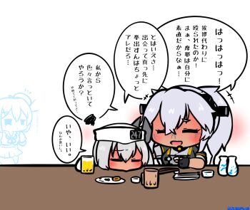 3girls =_= alcohol beer brown_eyes closed_eyes commentary_request dace_(kancolle) dark-skinned_female dark_skin dixie_cup_hat drinking drunk food glasses grey_hair hat headgear kantai_collection maya_(kancolle) maya_kai_ni_(kancolle) military_hat multiple_girls musashi_(kancolle) musashi_kai_ni_(kancolle) one_side_up radical_bullet side_ponytail simple_background skin_color_connection upper_body white_background