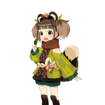 1girl animal_ears black_boots black_eyes boots brown_hair brown_scarf commentary_request fake_animal_ears green_shirt green_shorts holding holding_leaf leaf off-shoulder_shirt off_shoulder puffy_sleeves raccoon_ears raccoon_girl raccoon_tail scarf shirt short_hair shorts tail tanuko twintails uchako uchi_no_hime-sama_ga_ichiban_kawaii