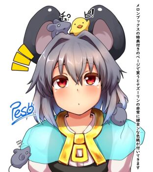 1girl animal animal_ears animal_on_head baby_animal bird blush chick closed_mouth commentary_request expressionless grey_hair hair_intakes long_sleeves mouse_(animal) mouse_ears mouse_girl nazrin notice_lines on_head peso_(cheese_company) red_eyes shirt short_hair simple_background solo touhou translation_request upper_body white_background white_shirt
