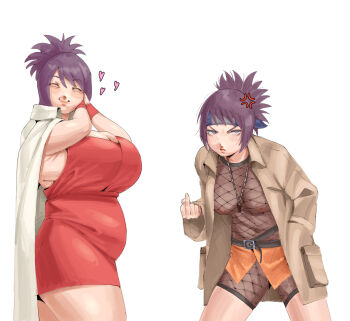2girls age_progression anger_vein belt belt_buckle black_belt boruto:_naruto_next_generations breasts brown_coat buckle cape closed_mouth coat commentary dress english_commentary fishnet_pantyhose fishnet_thighhighs fishnets frown hand_in_pocket heart highres huggytug jewelry large_breasts leaning_forward mature_female middle_finger mitarashi_anko multiple_girls naruto_(classic) naruto_(series) necklace nipples own_hands_together pantyhose plump ponytail purple_eyes purple_hair red_dress see-through_clothes simple_background smile standing thighhighs white_background white_cape