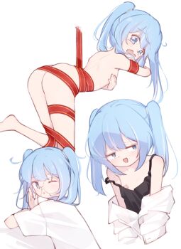 1girl absurdres arahashi_tabi ass averting_eyes bandages bandaid bandaids_on_nipples barefoot black_camisole blue_eyes blue_hair camisole closed_mouth commentary_request covering_breasts covering_privates double-parted_bangs electromocha embarrassed flat_chest glasses highres korean_commentary long_hair multicolored_hair multiple_views naked_bandage naked_ribbon nude one_eye_closed open_mouth pasties red_ribbon ribbon round_eyewear shirt short_sleeves simple_background stellive strap_slip streaked_hair twintails virtual_youtuber wavy_mouth white_background white_shirt