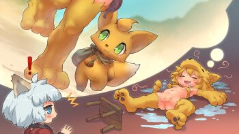 ! 2girls alcohol animal_feet animal_hands artist_self-insert blonde_hair blue_eyes blush bottomless bra breasts censored clenched_hand closed_eyes commentary_request commission criss-cross_halter dreaming drooling drunk fox fox_girl fox_hat full_body groin halterneck highres looking_at_another medium_breasts moonlight_flower mosaic_censoring multiple_girls navel open_mouth original pussy ragnarok_online sankuma sankuma-chan second-party_source short_hair skeb_commission sleeping smile stool underboob underwear white_hair yellow_bra