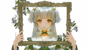 1girl artist_name blue_hair choker closed_mouth collarbone empty_picture_frame expressionless eyelashes flower grey_hair highres holding holding_picture_frame long_eyelashes long_hair looking_at_viewer multicolored_hair original picture_frame pixiv_id portrait revision ribbon_choker say_hana simple_background solo straight-on streaked_hair twitter_username two_side_up upper_body white_background