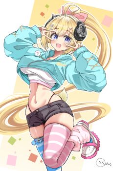 1girl black_shorts blonde_hair blue_eyes blue_jacket blue_thighhighs commentary_request cowboy_shot cropped_jacket cropped_shirt denim denim_shorts double_v high_ponytail highres hololive hood hooded_jacket horns inokeiwd jacket long_hair navel pink_thighhighs ponytail sheep_girl sheep_horns shirt short_shorts shorts solo standing standing_on_one_leg striped_clothes striped_thighhighs thighhighs tsunomaki_watame v virtual_youtuber white_background white_shirt