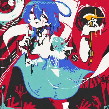1girl 3ma_can_omochi abstract blue_dress blue_hair blush commentary_request disembodied_hand dress facing_viewer floating_clothes flower hagoromo hair_ornament hairpin highres index_finger_raised kaku_seiga medium_hair red_background shawl sideways_glance signature smile sparkle sparkling_eyes spider_lily touhou
