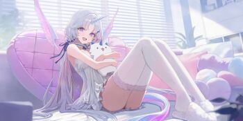 1girl absurdres ayatsuno_yuni commentary cross-shaped_pupils detached_wings dress feathered_wings full_body grey_hair highres horns indoors knees_up long_hair open_mouth pillow purple_eyes single_horn sitting slippers solo stellive strapless strapless_dress sunj000 symbol-shaped_pupils teeth thighhighs unicorn_girl unicorn_horn upper_teeth_only very_long_hair virtual_youtuber white_dress white_thighhighs window wings