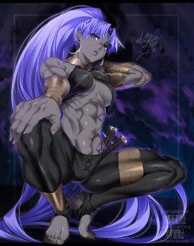 1girl abs absurdres armlet assassin_(fate/zero) bare_shoulders barefoot biceps black_pants bracer breasts cleavage commentary_request dark-skinned_female dark_skin earrings fate/grand_order fate_(series) female_assassin_(fate/zero) halterneck high_ponytail highres hoop_earrings jewelry knife large_breasts long_hair looking_at_viewer muscular muscular_female navel neck_ring pants parted_bangs parted_lips ponytail purple_eyes purple_hair shin_(ultramarine430) solo spread_legs squatting toned very_long_hair