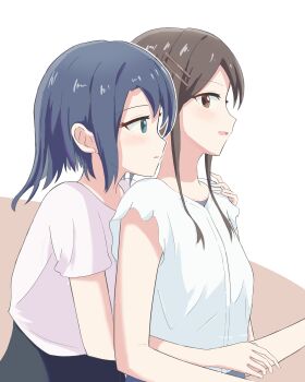 Rule 34 | 2girls, absurdres, adachi sakura, adachi to shimamura, blue eyes, blue hair, blush, brown eyes, brown hair, commentary, hand on another's shoulder, highres, hug, hug from behind, kama bokobokoboko, long hair, medium hair, multiple girls, parted lips, pink background, pink shirt, shimamura hougetsu, shirt, smile, two-tone background, upper body, white background, white shirt, yuri