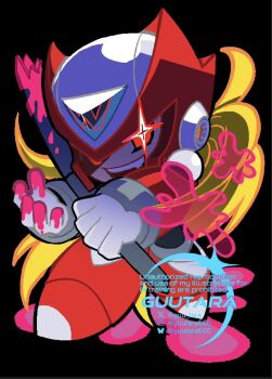 1boy armor black_background blonde_hair blood blood_on_hands chest_jewel chibi forehead_jewel full_body glint glowing glowing_eye guutara helmet highres lead_pipe long_hair male_focus mega_man_(series) mega_man_x4 mega_man_x_(series) pink_blood red_armor red_eyes red_helmet simple_background solo zero_(mega_man)