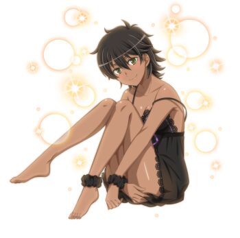 1girl amazon_warrior armpits bare_shoulders barefoot black_hair blush breasts clenched_hand dark-skinned_female dark_skin dungeon_ni_deai_wo_motomeru_no_wa_machigatteiru_darou_ka feet female_focus full_body green_eyes looking_at_viewer navel official_art open_mouth short_hair small_breasts smile solo sparkle sword_oratoria tiona_hyryute toes transparent_background