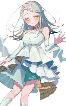 1girl bare_shoulders blush braid braided_bangs commentary_request dress gakuen_idolmaster grey_hair highres idolmaster koukei_(idolmaster) long_hair looking_at_viewer orange_eyes shine_asahi shinosawa_hiro smile solo