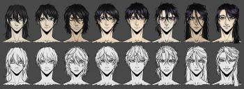 1boy absurdres aegyo_sal black_eyes black_hair commentary cyan.colored.crack english_commentary glaring grin hair_between_eyes hair_bun highres long_hair looking_at_viewer looking_to_the_side low_ponytail messy_hair multiple_expressions multiple_views narrowed_eyes ponytail portrait raised_eyebrow second-party_source serious shadow_slave smile sunny_(shadow_slave)