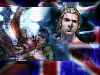 2boys blonde_hair blue_eyes boxing boxing_gloves boxing_ring cleft_chin game_cg hair_slicked_back kawano_takuji looking_at_viewer male_focus multiple_boys official_art projected_inset punching solo_focus steve_fox tekken tekken_4 topless_male union_jack uppercut