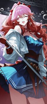 1girl ;o absurdres air_bubble arknights blue_dress breasts bubble cheong_seol cleavage commentary dress earrings haruka_(arknights) highres holding holding_microphone_stand jacket jewelry large_breasts long_hair microphone_stand one_eye_closed pointy_ears purple_eyes red_hair smile solo stage thighs very_long_hair white_jacket